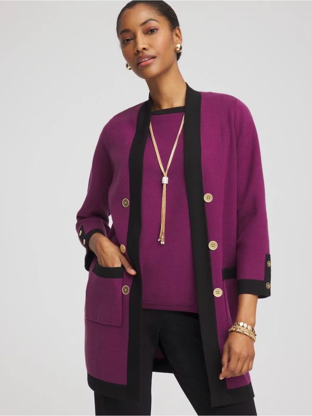 Chico’s Travelers Purple and Black Open Cardigan Sweater with Gold Buttons